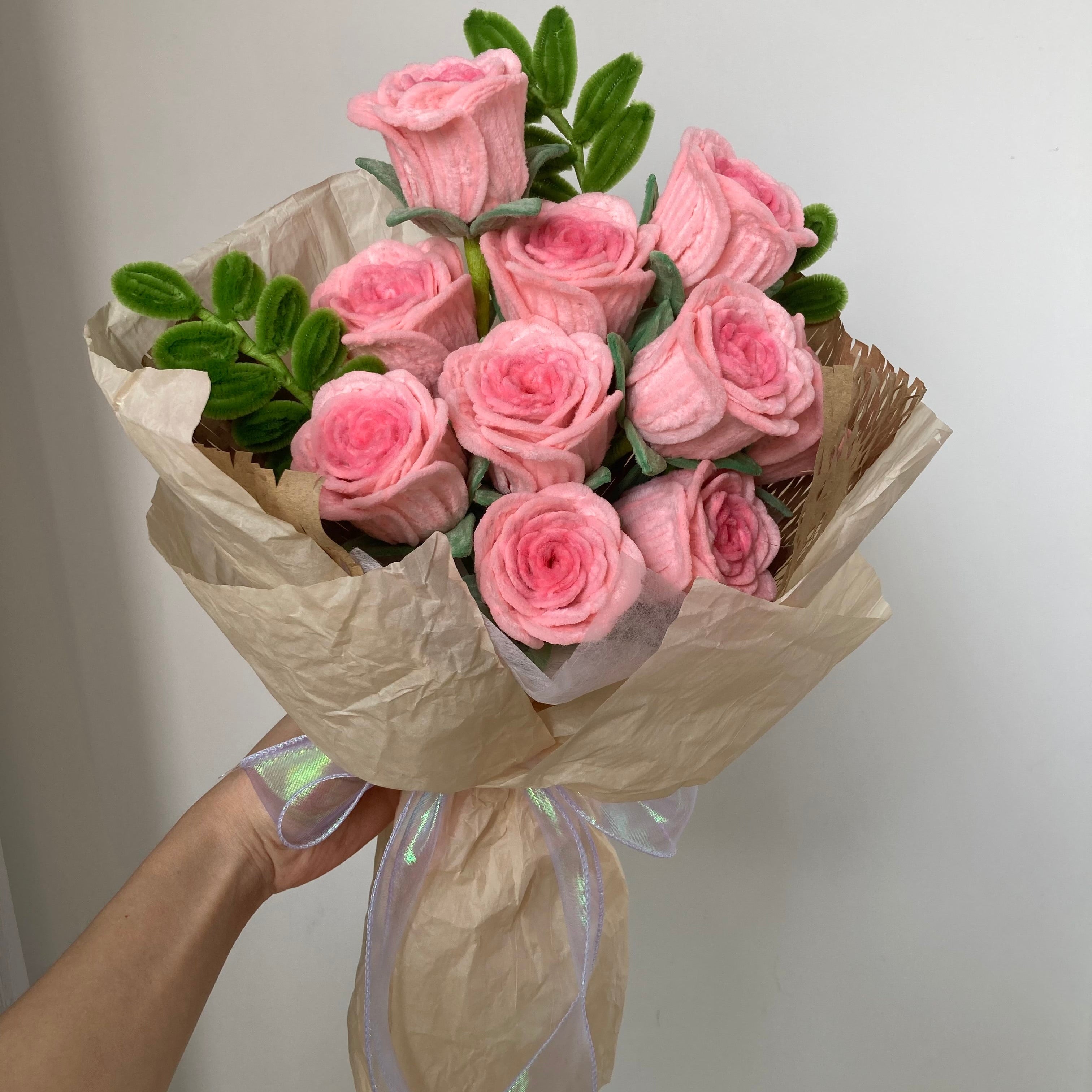 Handmade pink pipe cleaner rose bouquet with 9 roses - premium chenille stem flower gift

