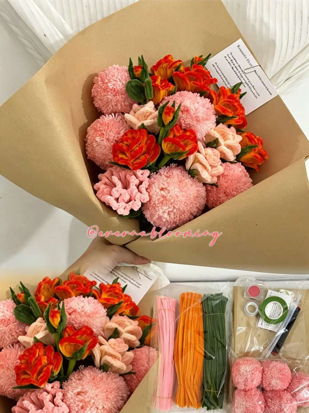 Sweet Bouquet Craft Kit – completed pipe cleaner flower bouquet with pink and orange flowers shown alongside craft materials