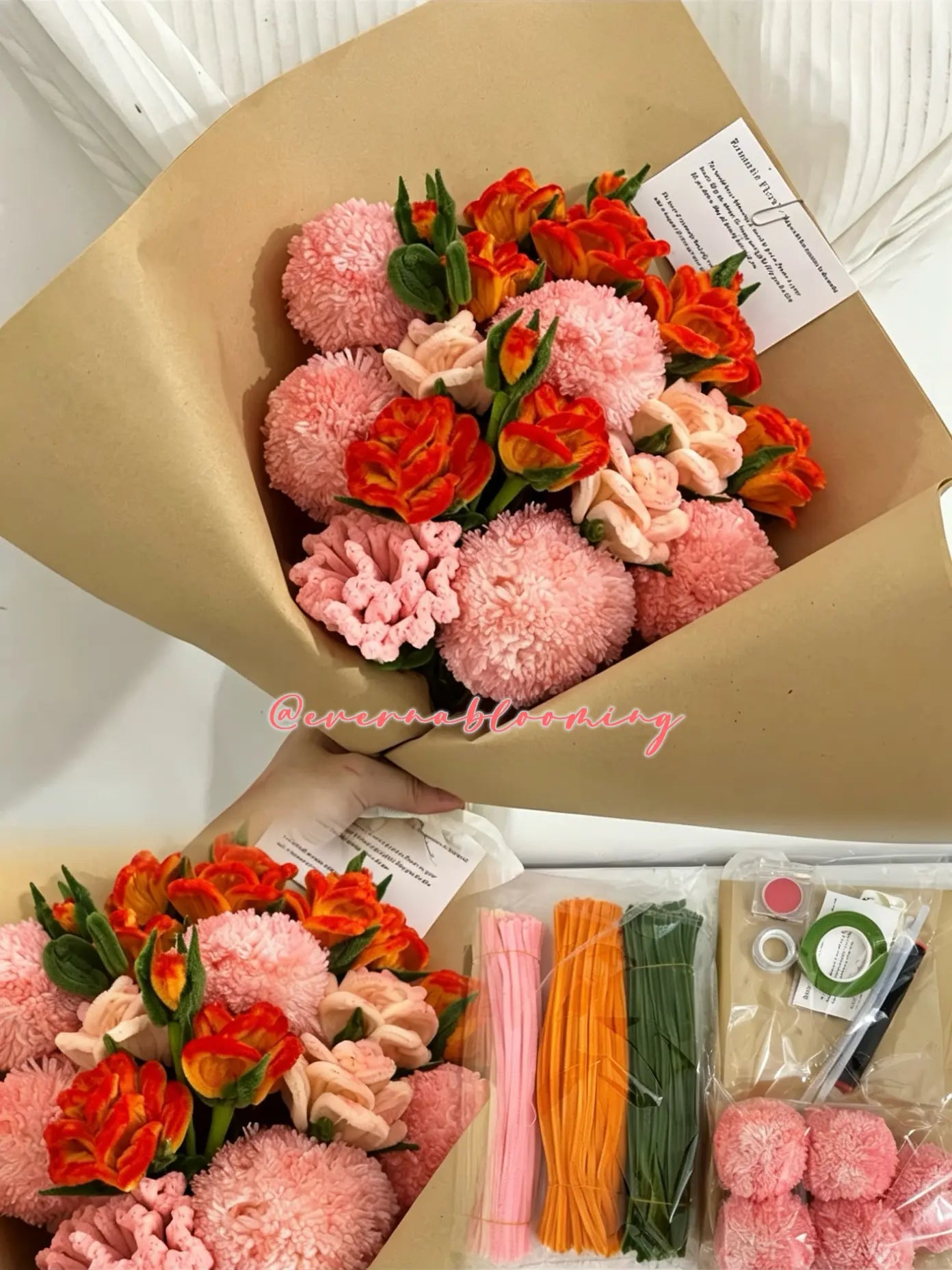 Sweet Bouquet Craft Kit – completed pipe cleaner flower bouquet with pink and orange flowers shown alongside craft materials