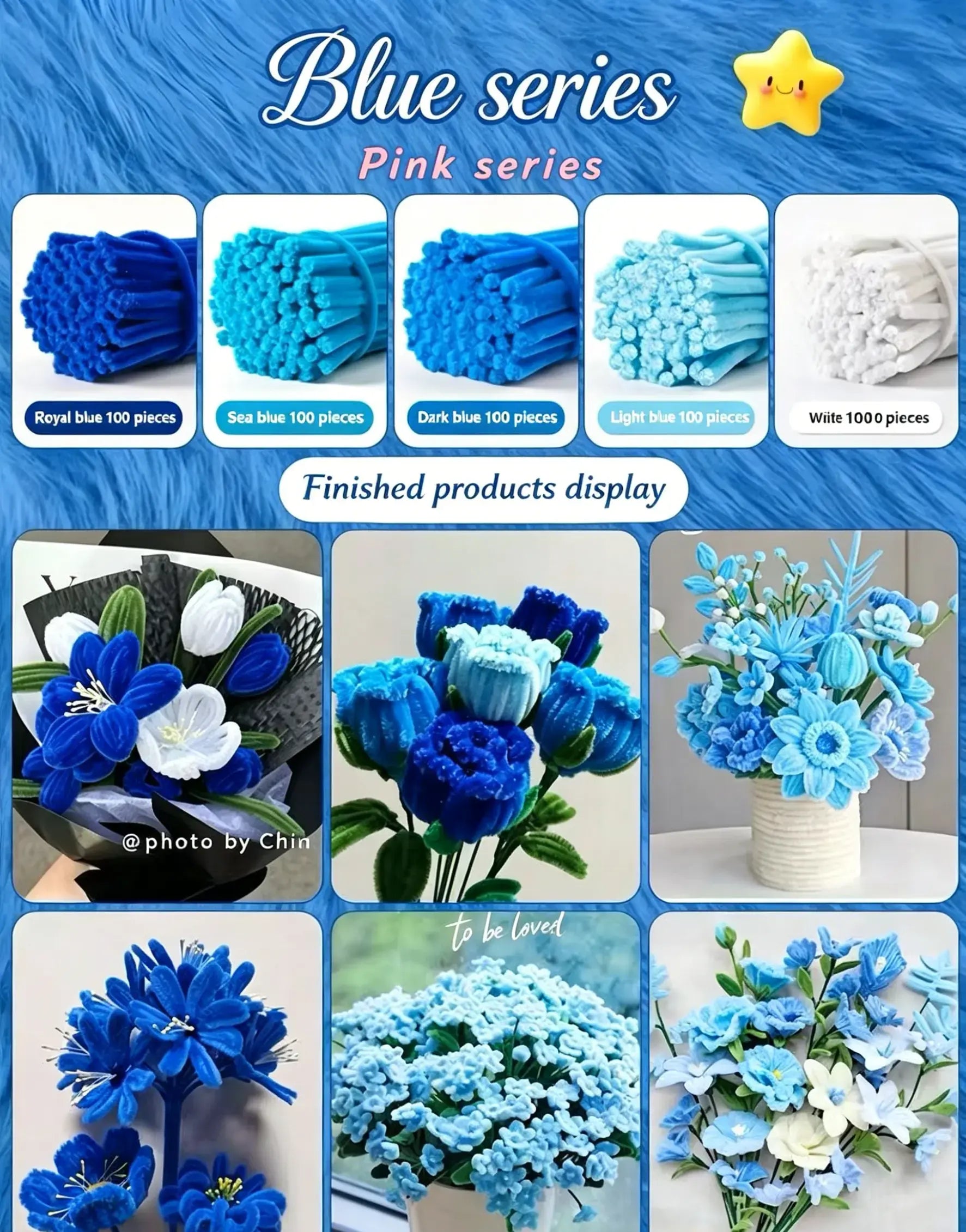 Blue Series 500pcs pipe cleaner bundle - royal blue, sea blue, dark blue, light blue chenille stems for DIY flower crafts