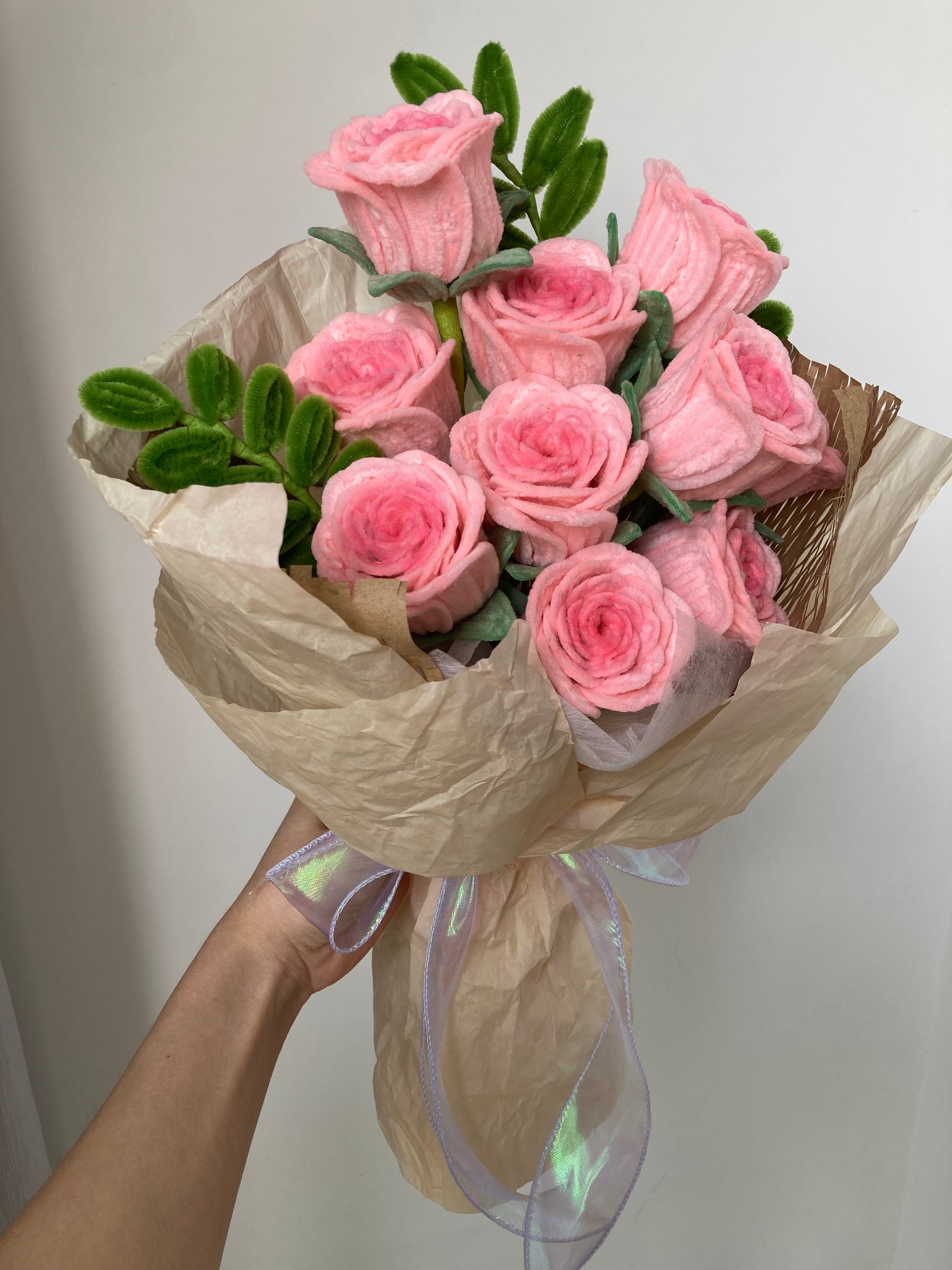 Pink pipe cleaner rose bouquet close-up - handmade chenille stem flowers for gifting
