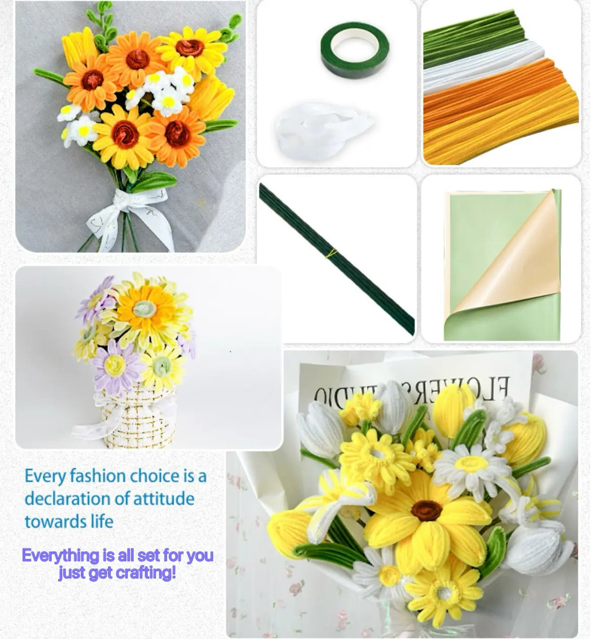 DIY Pipe Cleaner Flower Kit | All Materials Included | Red Rose & Chrysanthemum Sets | Free US Shipping