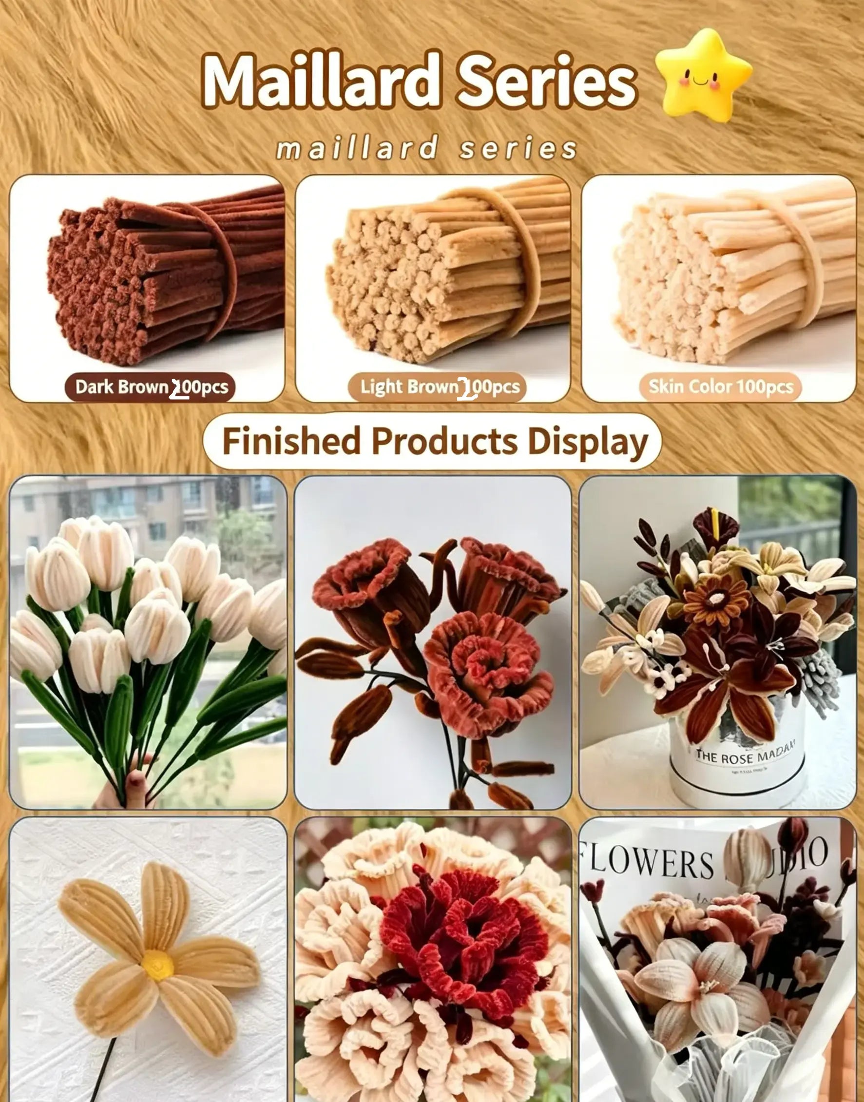 Maillard Series 500pcs pipe cleaner bundle - assorted warm toned chenille stems for DIY bouquets and floral crafts