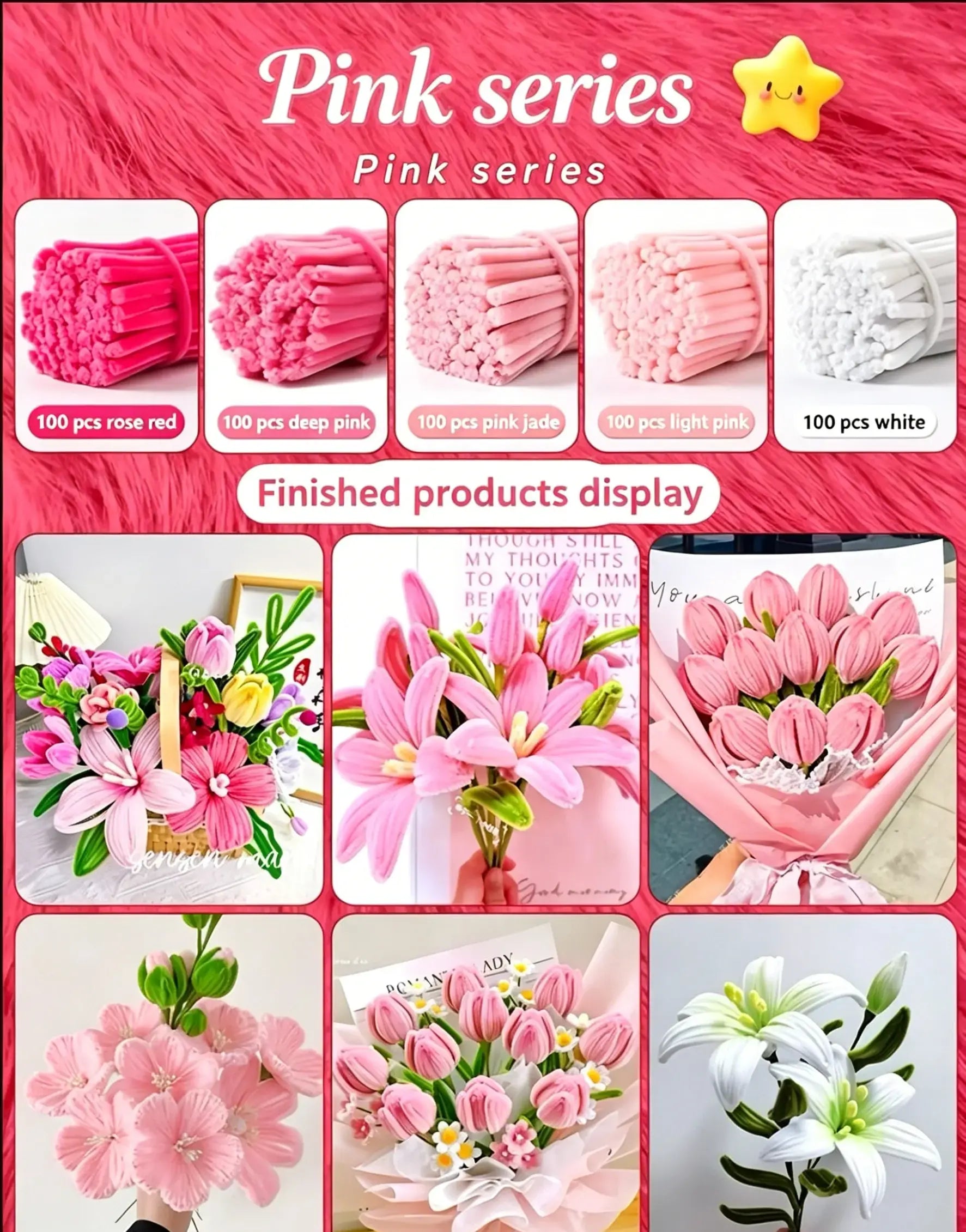 Pink Series 500pcs pipe cleaner bundle - rose red, deep pink, pink jade, light pink, white chenille stems for DIY flower crafts