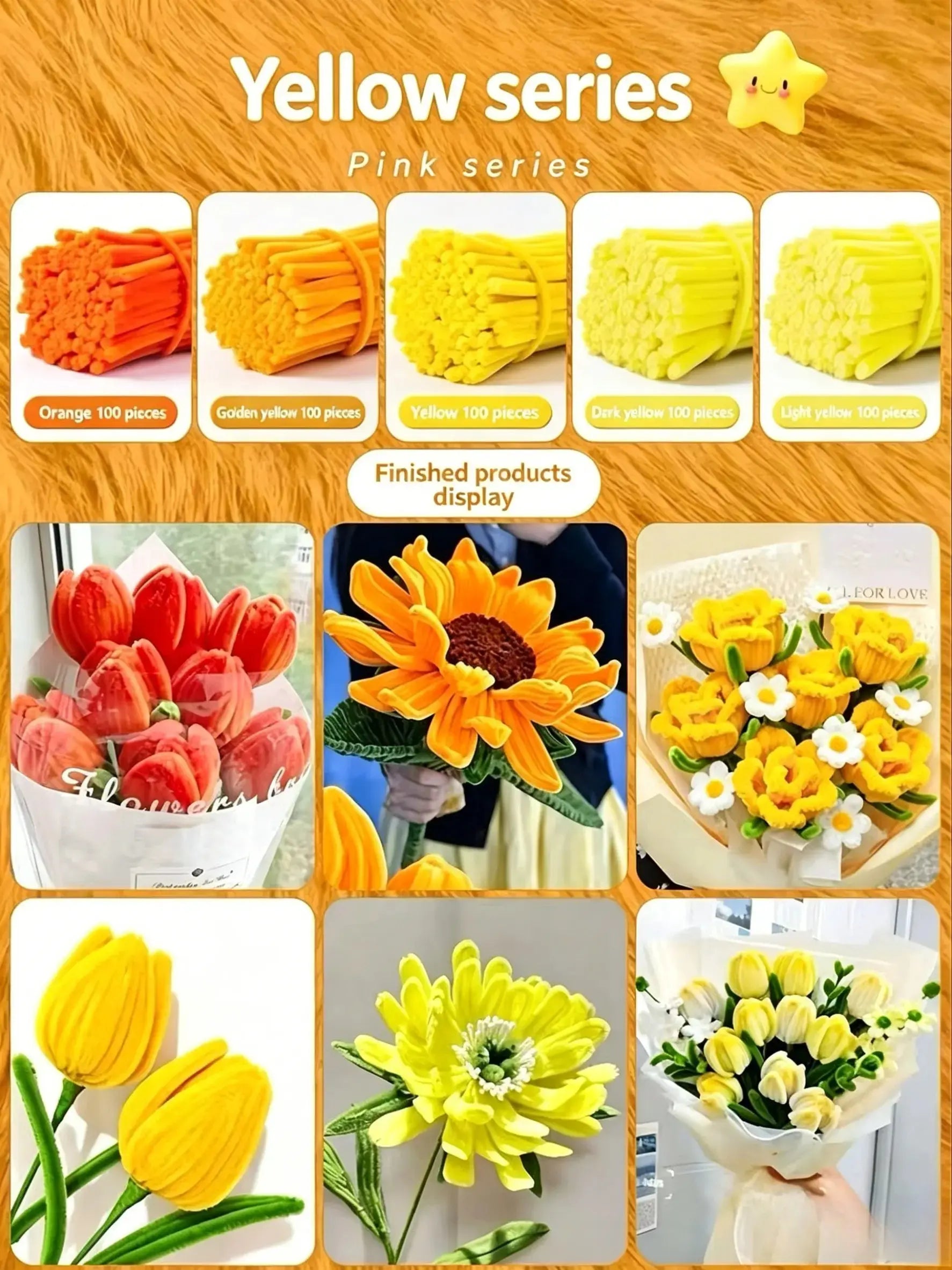 Yellow Series 500pcs pipe cleaner bundle - orange, golden yellow, dark yellow, light yellow chenille stems for DIY flower crafts