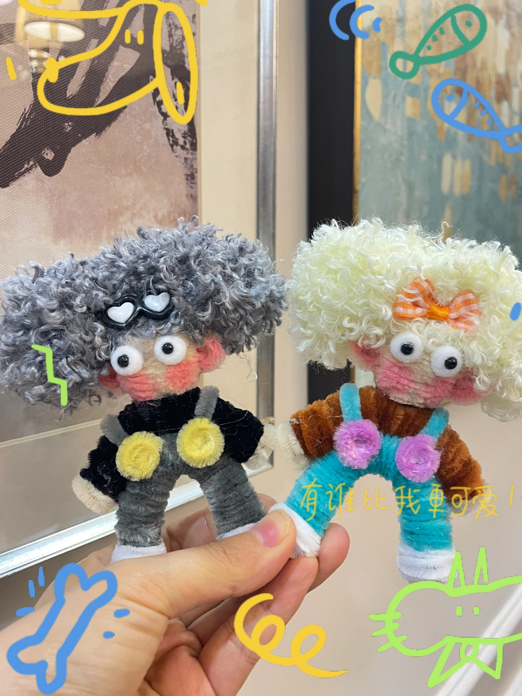 Handmade mystery doll charm on backpack – chenille stem wool yarn keychain decoration
