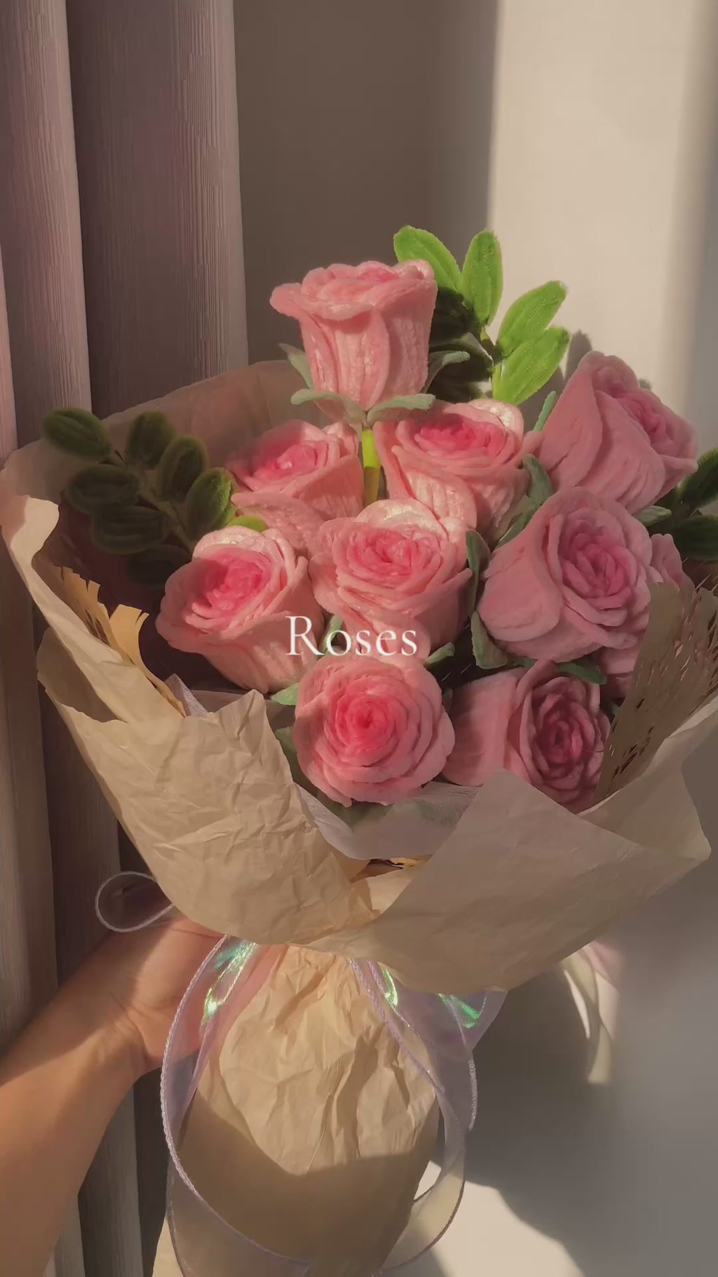 Handmade pipe cleaner rose bouquet making process - 9 pink chenille stem roses
